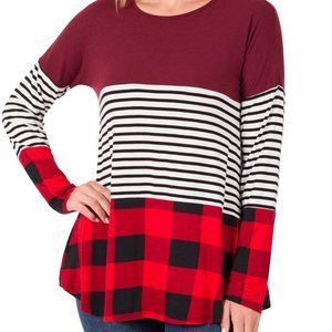 ZENANA BURGUNDY PLAID SPLICING STRIPED ROUND NECK LONG SLEEVE TOP MEDIUM